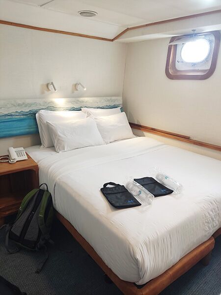 Standard-Plus Kabine mit Bullaugen im Unterdeck auf dem Schiff Coral zwei auf den Galapagos Inseln.