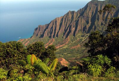 Blick auf das saftig grüne Kalalau Valley während einer Wanderung auf Hawaii