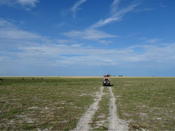 die Reisegruppe durchquert den Liuwa Plains Nationalpark in Sambia mit dem Safarifahrzeug